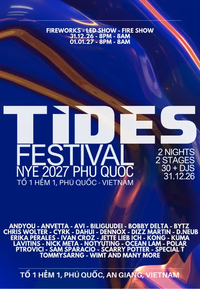 TIDES Festival NYE 2027 Phu Quoc Happy Buddha Club - Wood House Beach Bar & Electronic Music Club - กรุงเทพมหานคร event poster